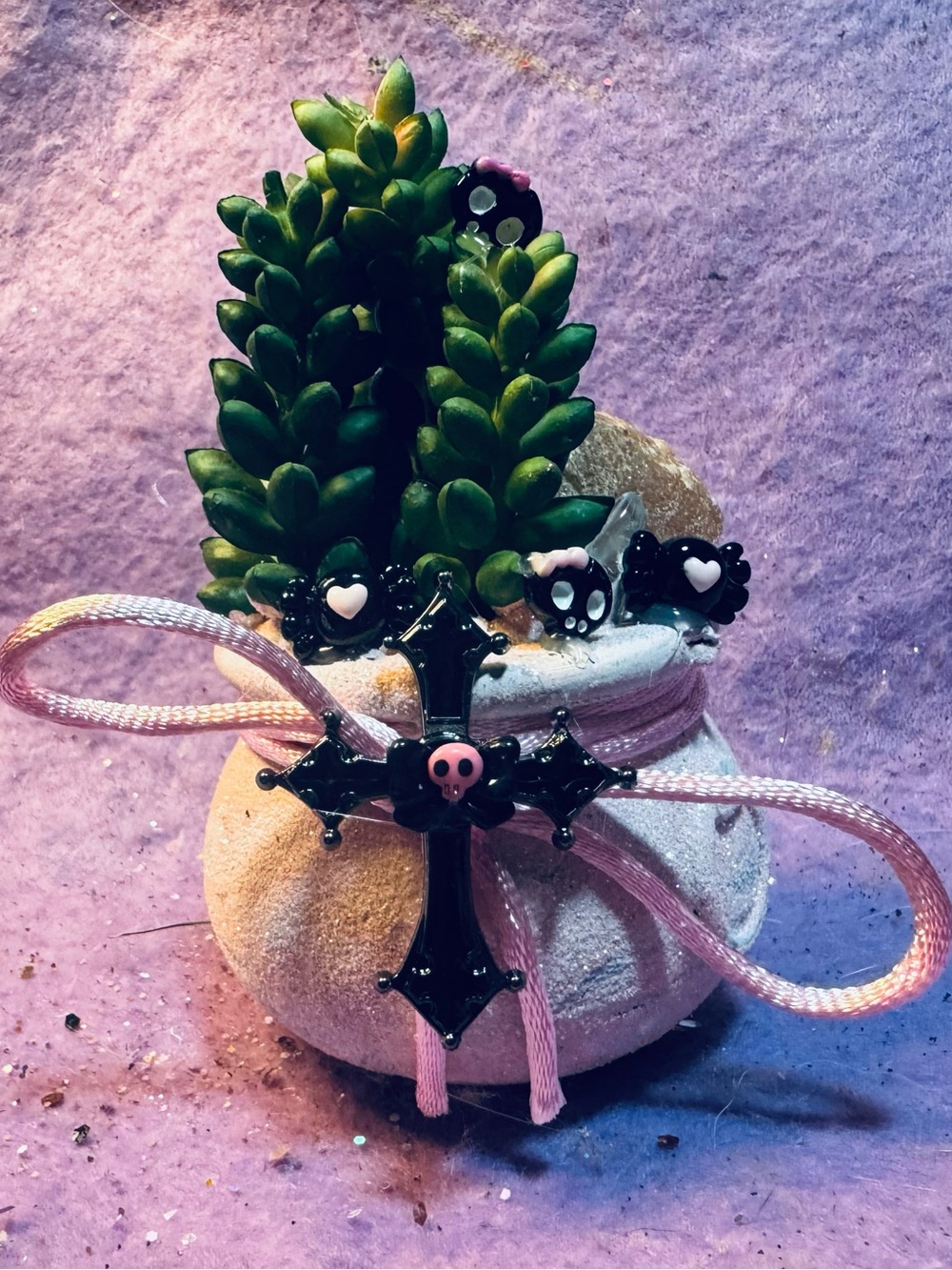 Baby Pink and Black mini cauldron faux plant